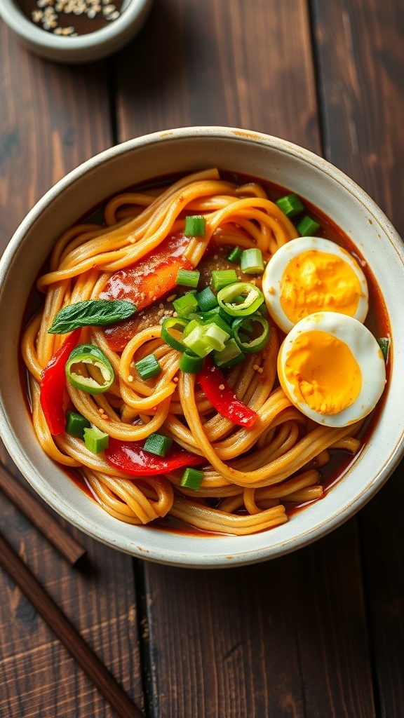 Savory Breakfast Noodles Recipe A bowl of breakfast noodles with vegetables and eggs, garnished with green onions and sesame seeds on a wooden table.